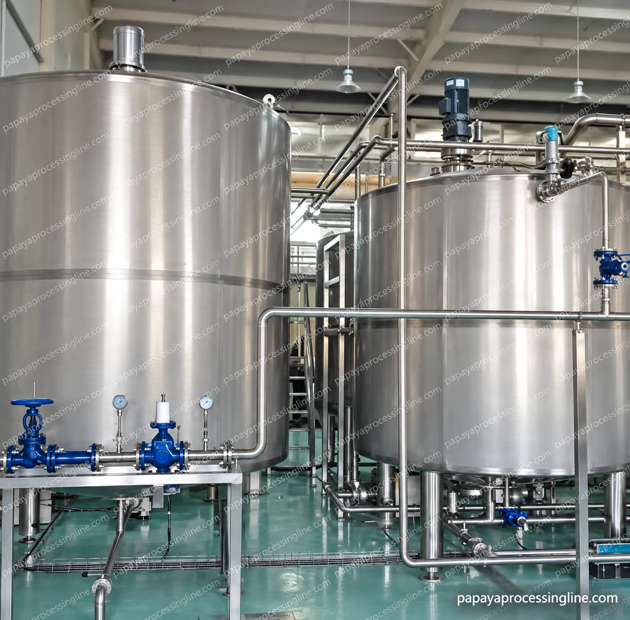 Connected stainless steel process vessels with external pipework and service valves