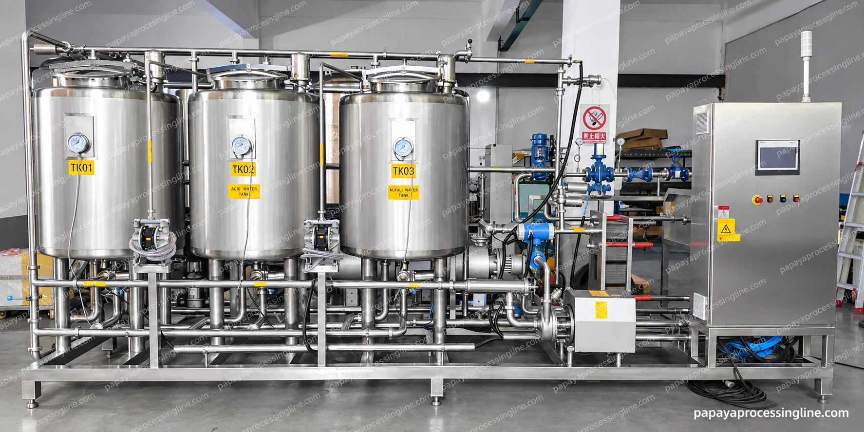Three-vessel cleaning skid with pumps, pipe manifolds and a control cabinet