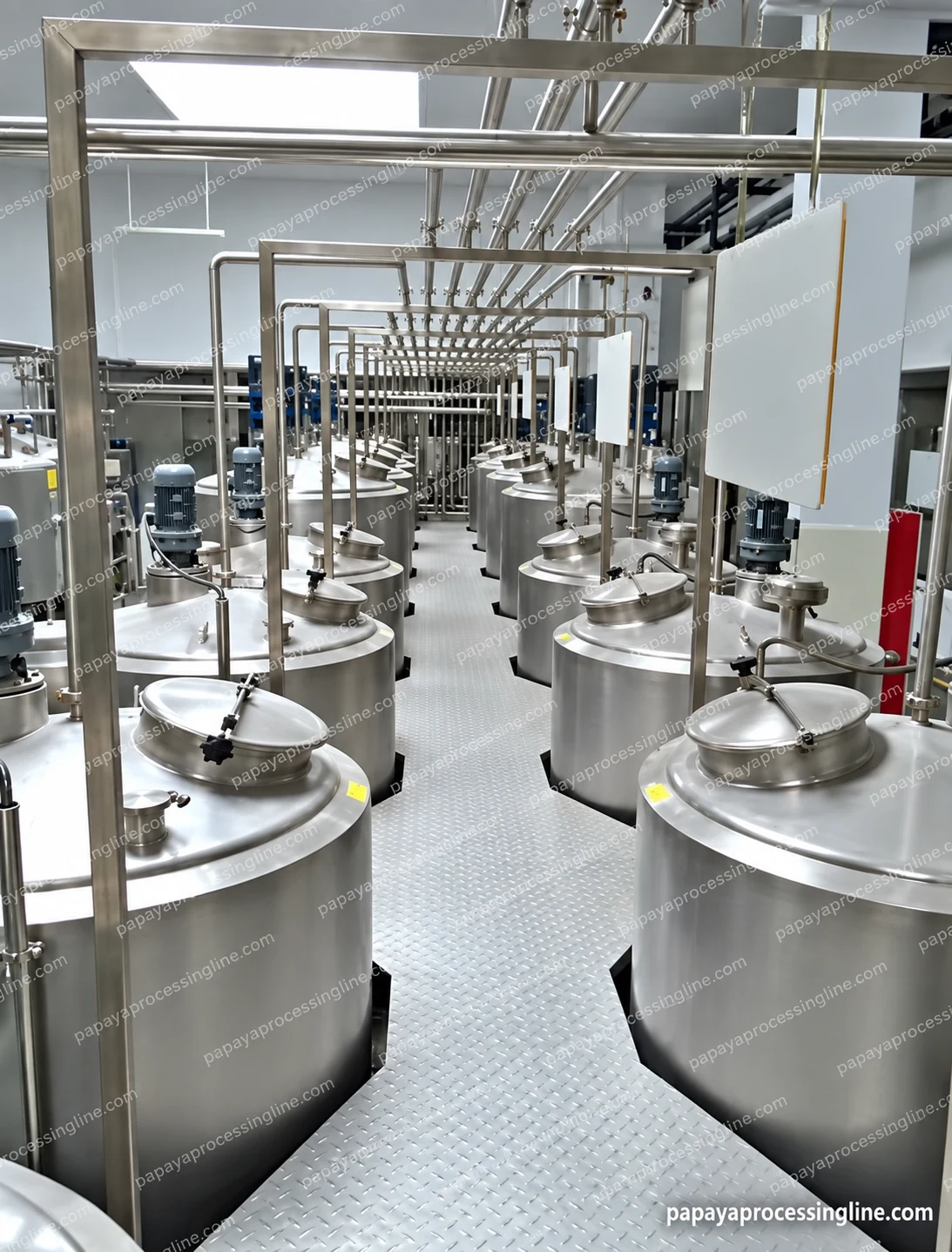 Row of stainless steel process tanks with top-mounted drives and overhead service pipework