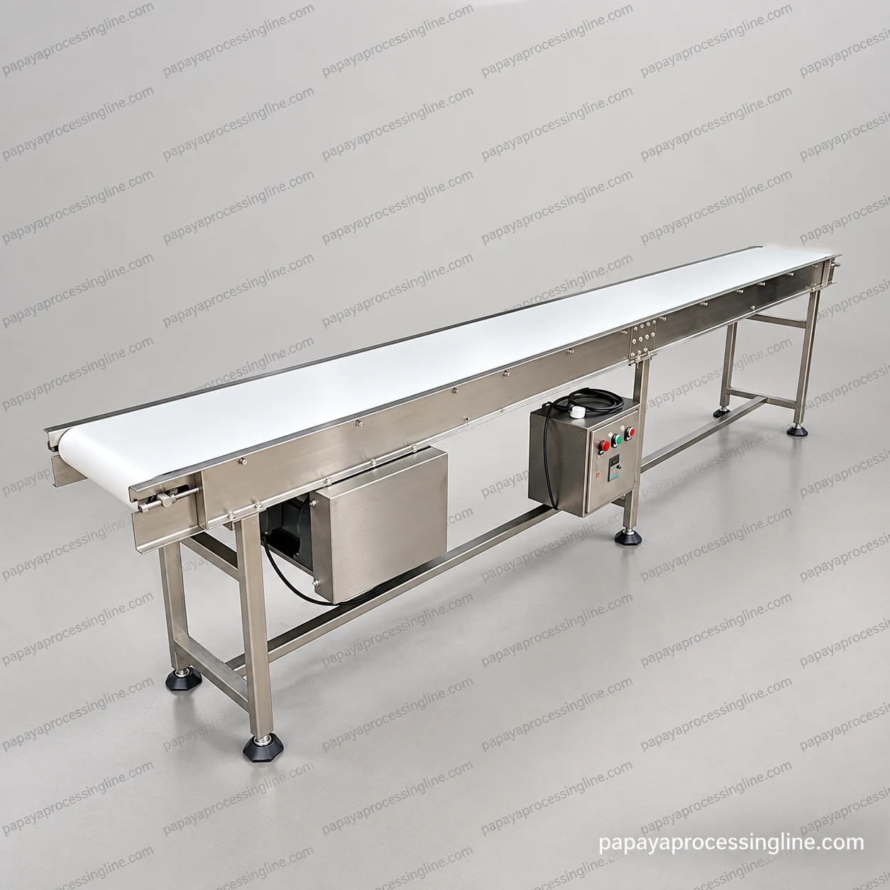 Horizontal stainless steel belt conveyor with side rails and a guarded drive